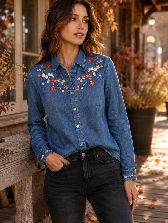 The Kooples Tops - The Kooples Jeans Embroidered Floral Denim Button Down Shirt Blue Large